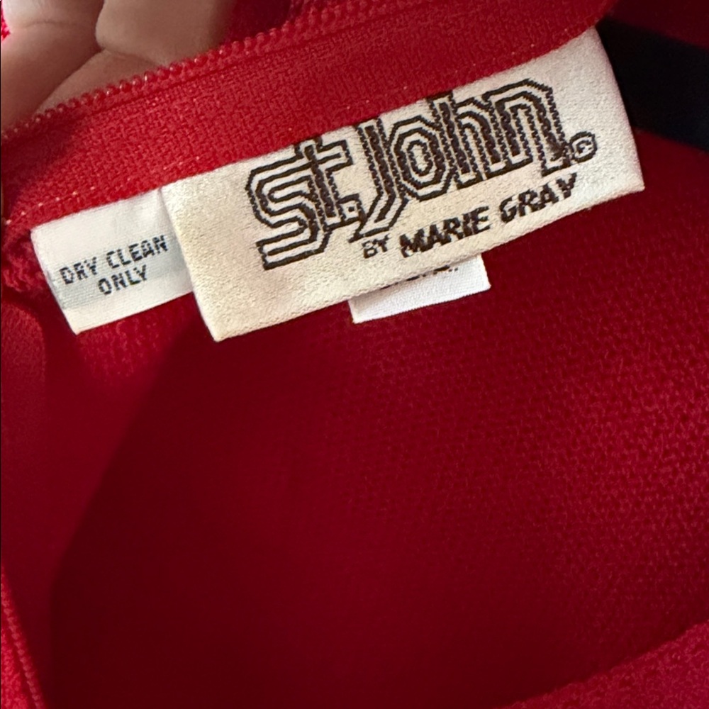 EUC St John Marie Gray RED Santana Knit Shoulder Pads Midi Shift Dress Formal 10 - Picture 7 of 9